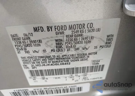 2013 Lincoln Mkx from USA, damaged, VIN 2LMDJ8JK4DBL08452